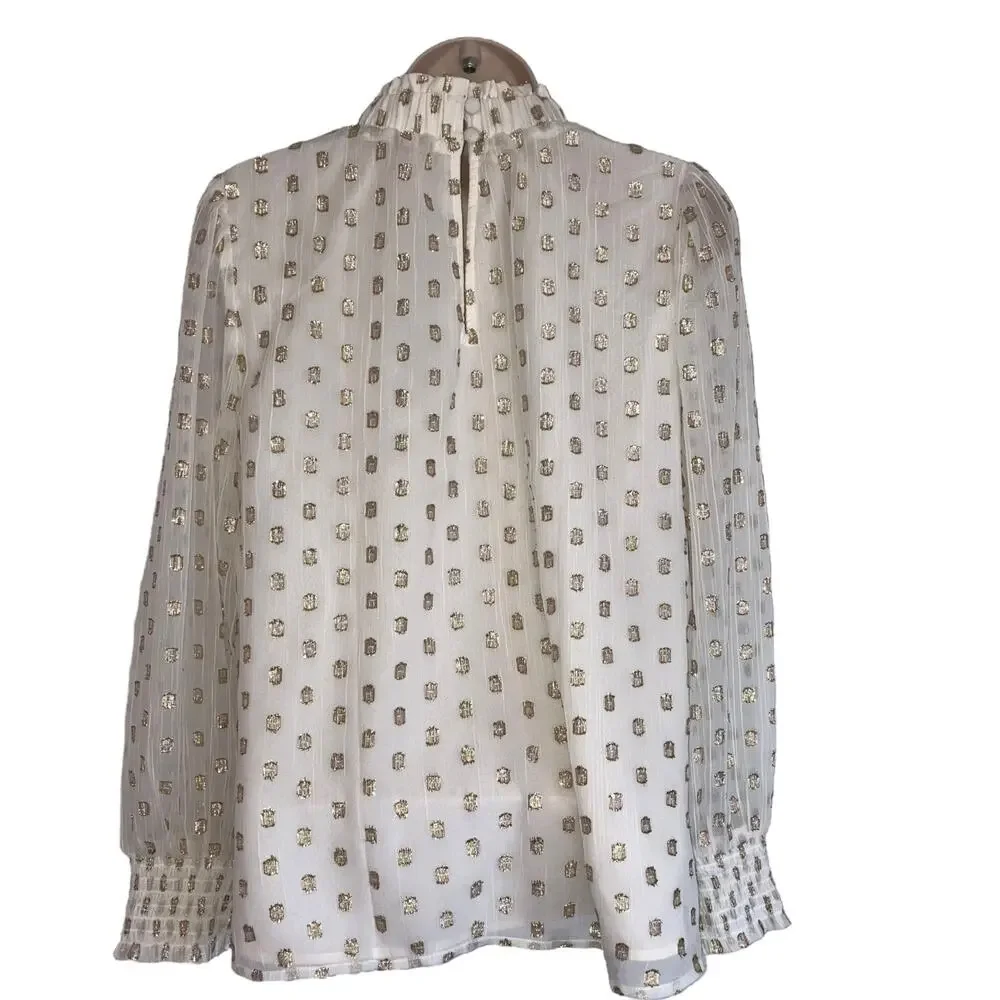 NWT Loft White and Gold Metallic Petite Ruffle Smocked Lined Sheer Blouse-Medium